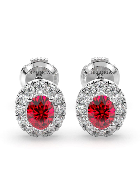 Boucles d'oreilles en or jaune 18K rubis ovale et halo de diamants 2