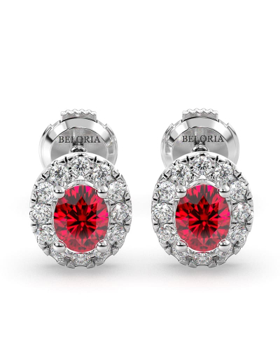 Boucles d'oreilles en or blanc 18K rubis ovale et halo de diamants