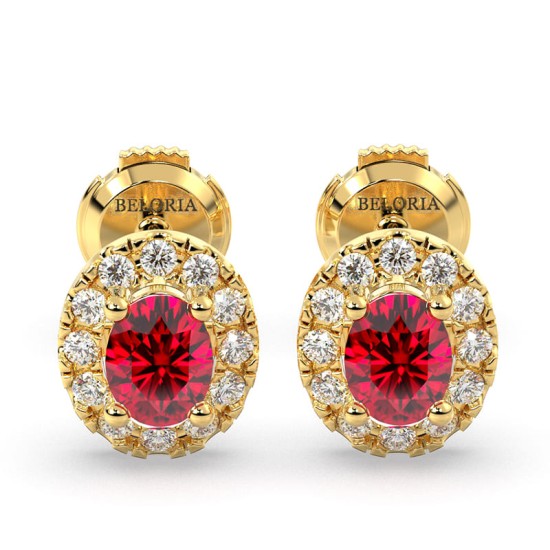 Boucles d'oreilles en or jaune 18K rubis ovale et halo de diamants