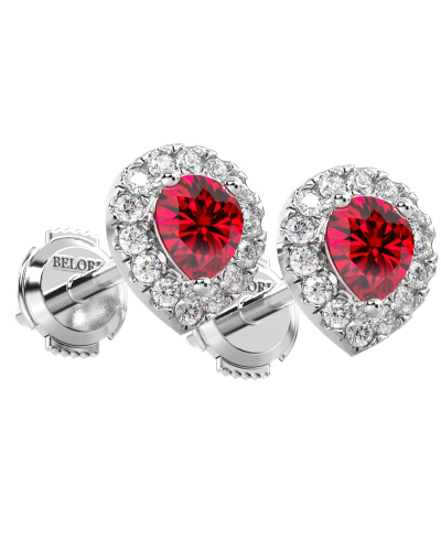 Boucles d'oreilles en or blanc 18K rubis poire et halo de diamants