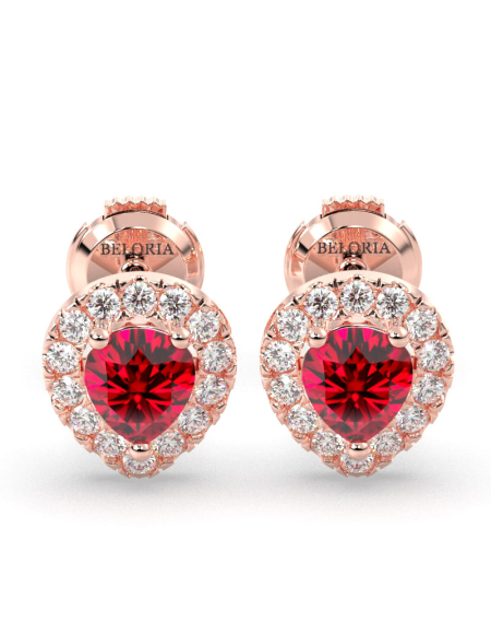 Boucles d'oreilles en or jaune 18K rubis poire et halo de diamants 2