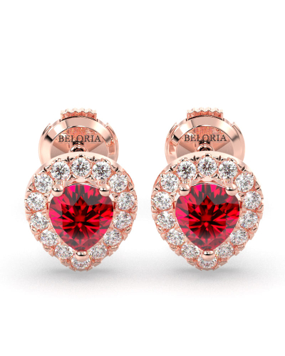 Boucles d'oreilles en or rose 18K rubis poire et halo de diamants