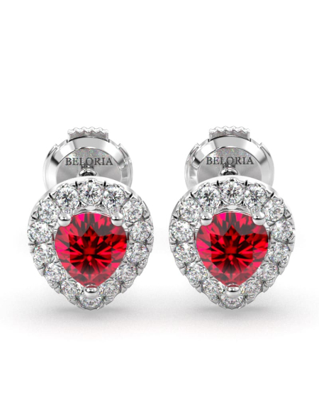 Boucles d'oreilles en or jaune 18K rubis poire et halo de diamants 2