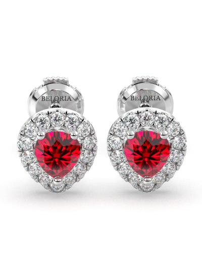 Boucles d'oreilles en or blanc 18K rubis poire et halo de diamants