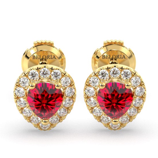 Boucles d'oreilles en or jaune 18K rubis poire et halo de diamants