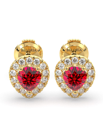 Boucles d'oreilles en or jaune 18K rubis poire et halo de diamants