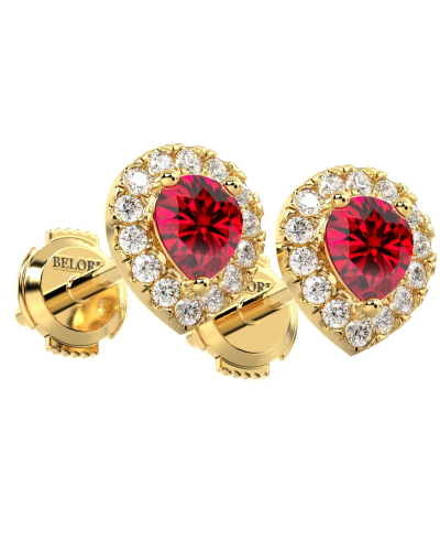 Boucles d'oreilles en or jaune 18K rubis poire et halo de diamants