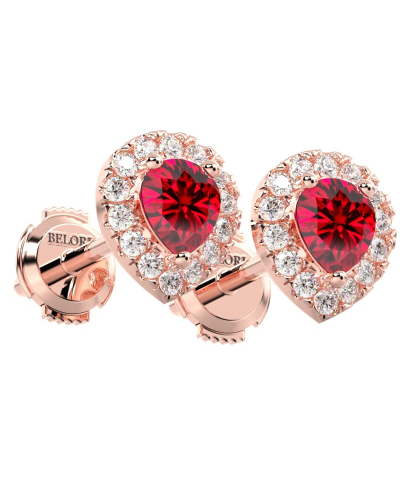 Boucles d'oreilles en or rose 18K rubis poire et halo de diamants