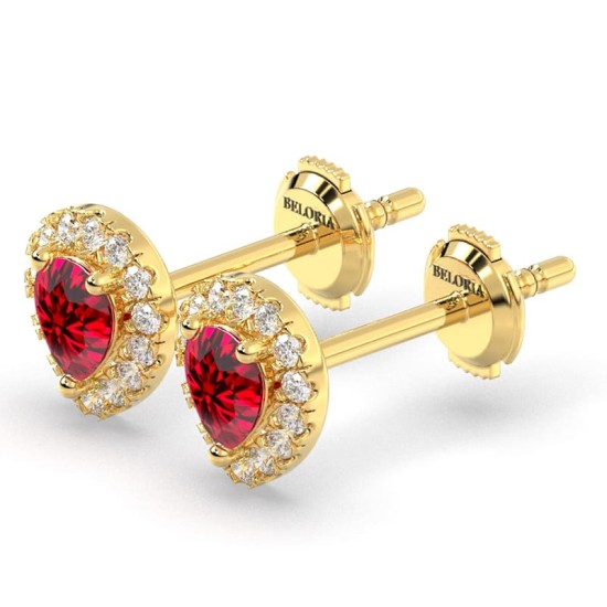 Boucles d'oreilles en or jaune 18K rubis poire et halo de diamants