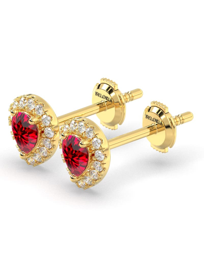 Boucles d'oreilles en or jaune 18K rubis poire et halo de diamants