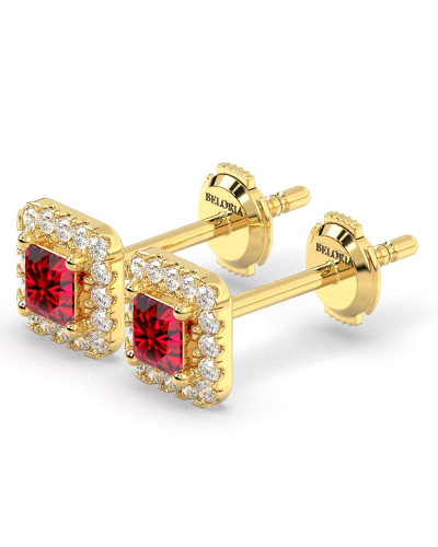 Boucles d'oreilles or jaune 18K rubis princesse et halo de diamants