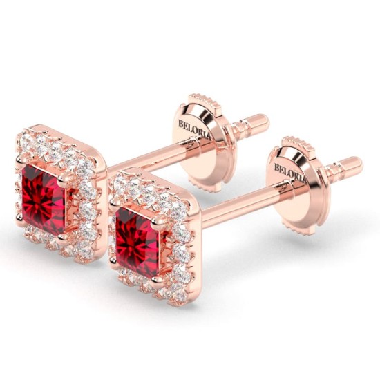 Boucles d'oreilles or rose 18K rubis princesse et halo de diamants