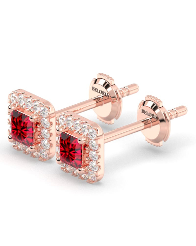 Boucles d'oreilles or rose 18K rubis princesse et halo de diamants