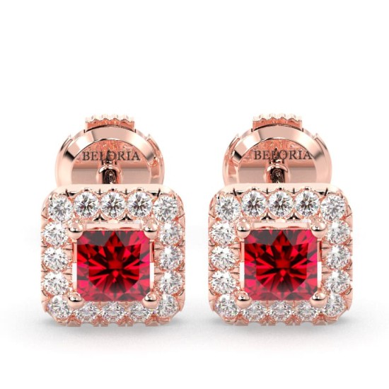 Boucles d'oreilles or rose 18K rubis princesse et halo de diamants
