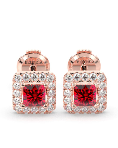 Boucles d'oreilles or rose 18K rubis princesse et halo de diamants