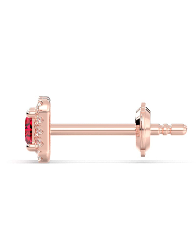 Boucles d'oreilles or rose 18K rubis princesse et halo de diamants