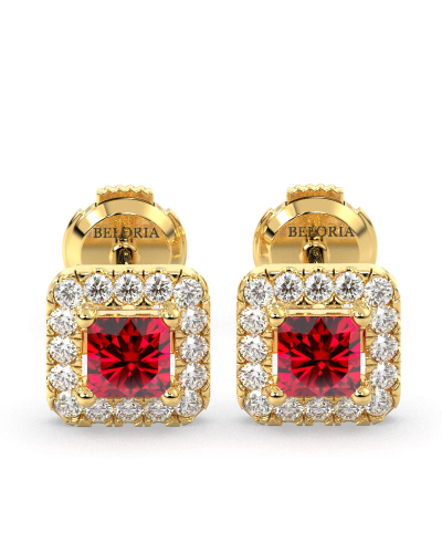 Boucles d'oreilles or jaune 18K rubis princesse et halo de diamants