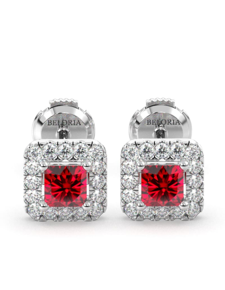 Boucles d'oreilles or rose 18K rubis princesse et halo de diamants 2