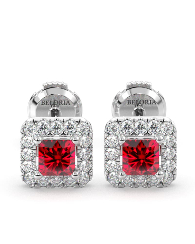 Boucles d'oreilles or blanc 18K rubis princesse et halo de diamants