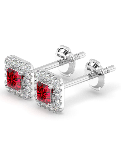 Boucles d'oreilles or blanc 18K rubis princesse et halo de diamants