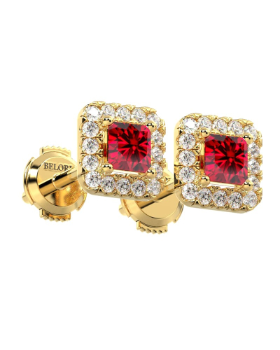 Boucles d'oreilles or jaune 18K rubis princesse et halo de diamants