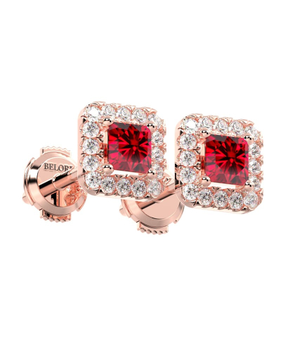 Boucles d'oreilles or rose 18K rubis princesse et halo de diamants