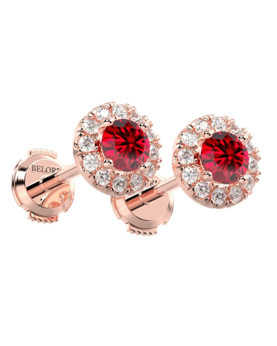 Boucles d'oreilles en or rose 18K rubis ronde et halo de diamants