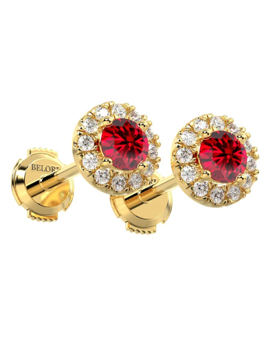 Boucles d'oreilles en or jaune 18K rubis ronde et halo de diamants