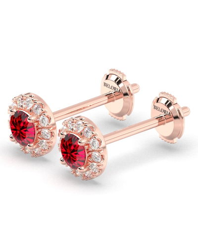 Boucles d'oreilles en or rose 18K rubis ronde et halo de diamants