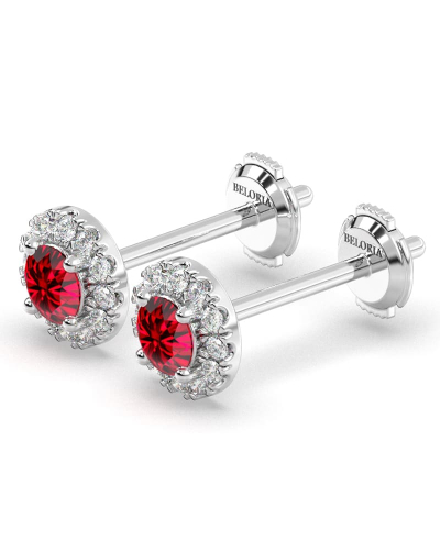 Boucles d'oreilles en or blanc 18K rubis ronde et halo de diamants