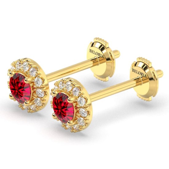 Boucles d'oreilles en or jaune 18K rubis ronde et halo de diamants