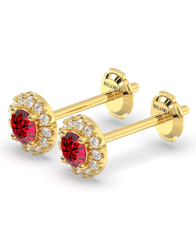 Boucles d'oreilles en or jaune 18K rubis ronde et halo de diamants