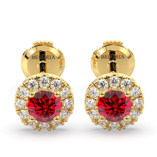 Boucles d'oreilles en or jaune 18K rubis ronde et halo de diamants