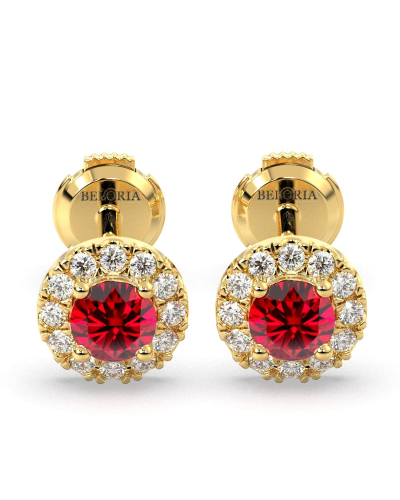 Boucles d'oreilles en or jaune 18K rubis ronde et halo de diamants