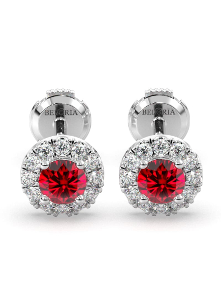 Boucles d'oreilles en or jaune 18K rubis ronde et halo de diamants 2