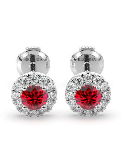 Boucles d'oreilles en or blanc 18K rubis ronde et halo de diamants