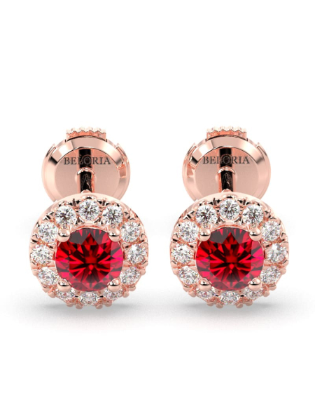 Boucles d'oreilles en or jaune 18K rubis ronde et halo de diamants 2