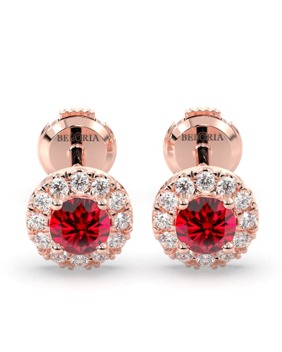 Boucles d'oreilles en or rose 18K rubis ronde et halo de diamants