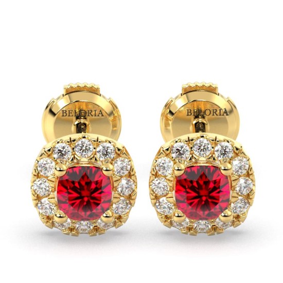 Boucles d'oreilles en or jaune 18K rubis coussin et halo de diamants