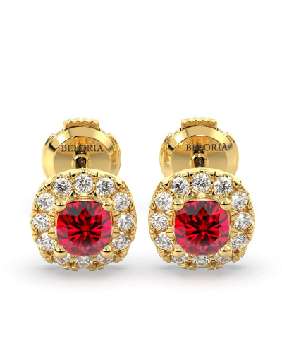 Boucles d'oreilles en or jaune 18K rubis coussin et halo de diamants