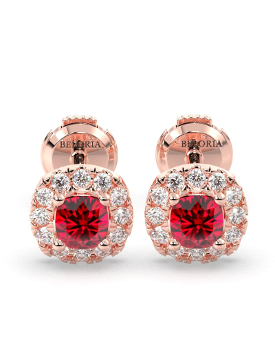 Boucles d'oreilles en or rose 18K rubis coussin et halo de diamants