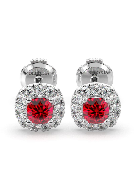Boucles d'oreilles en or jaune 18K rubis coussin et halo de diamants 2