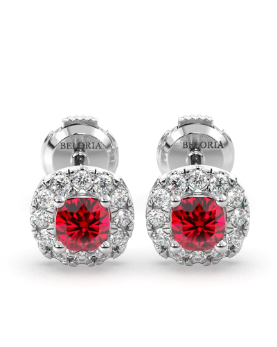 Boucles d'oreilles en or blanc 18K rubis coussin et halo de diamants