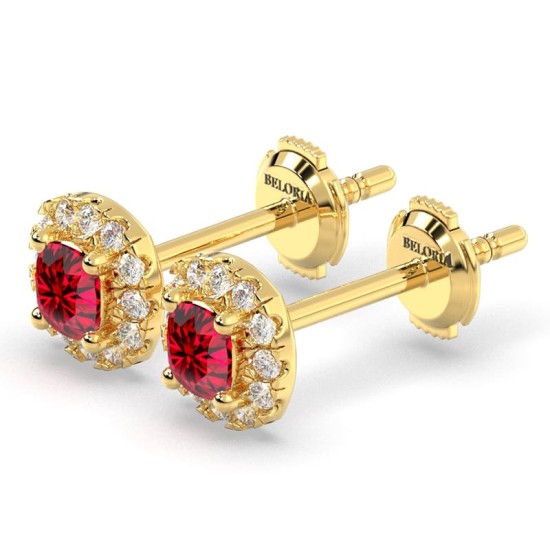 Boucles d'oreilles en or jaune 18K rubis coussin et halo de diamants