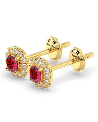 Boucles d'oreilles en or jaune 18K rubis coussin et halo de diamants