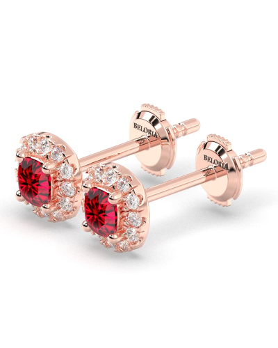 Boucles d'oreilles en or rose 18K rubis coussin et halo de diamants