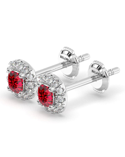 Boucles d'oreilles en or blanc 18K rubis coussin et halo de diamants