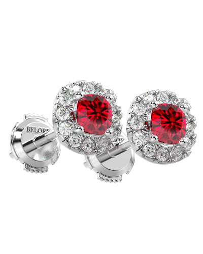 Boucles d'oreilles en or blanc 18K rubis coussin et halo de diamants