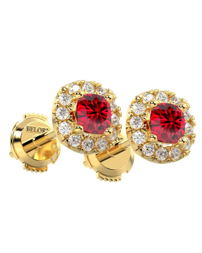 Boucles d'oreilles en or jaune 18K rubis coussin et halo de diamants
