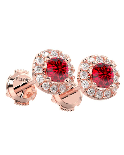Boucles d'oreilles en or rose 18K rubis coussin et halo de diamants